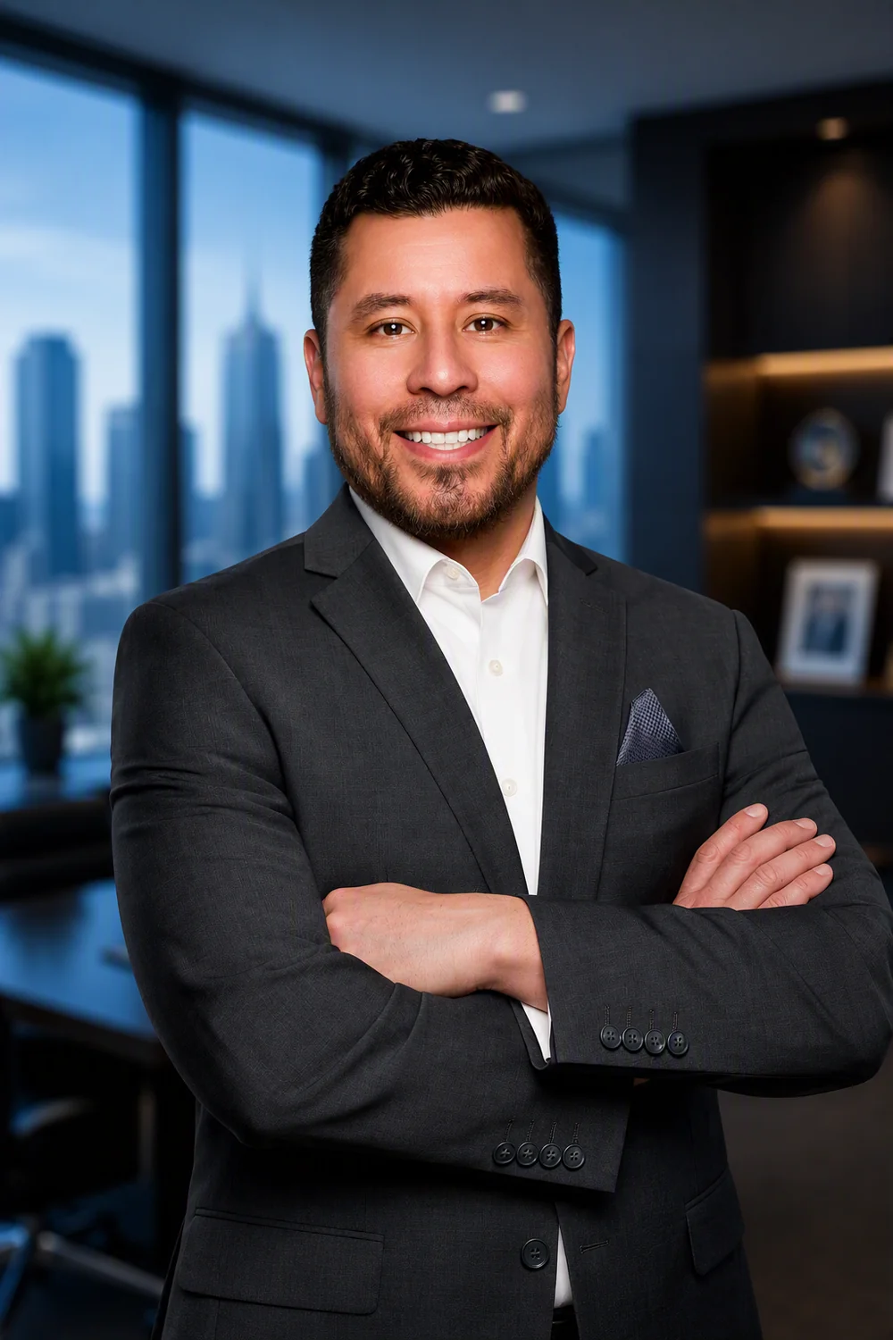 Louis Oliveira wearing a charcoal suit and white open-collar shirt in an executive office